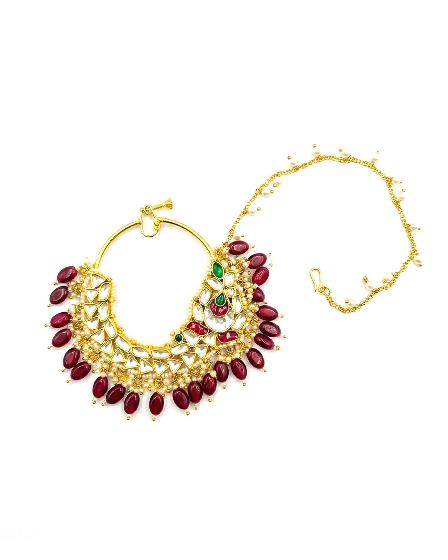 Kundan Bridal Nath – 18k Gold Plated Crescent Nose Ring with Red Beads