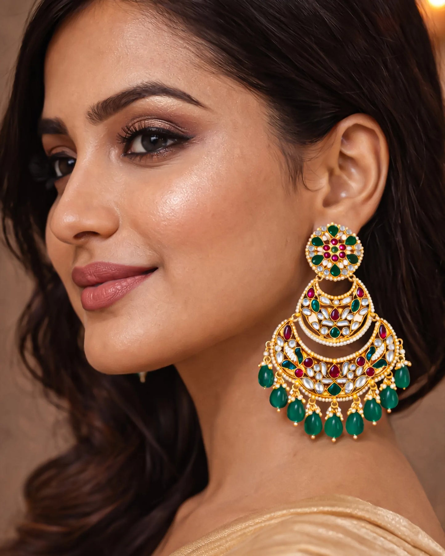 18K Gold Plated Jadau Chandbali Earrings Indian Jewelry