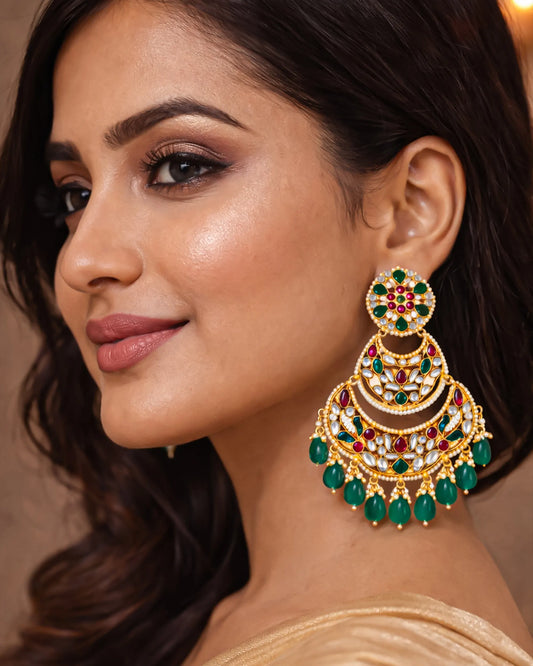 Jadau Chandbali Earrings, 18K Gold Plated Multicolor Stone Indian Jewelry