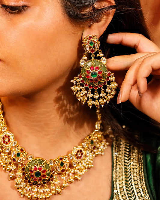 Kundan Meenakari Choker Necklace Set Earrings, Indian Bridal Jewelry, Pearl Gold Choker, Traditional Wedding Jewelry, Ethnic Festive Set