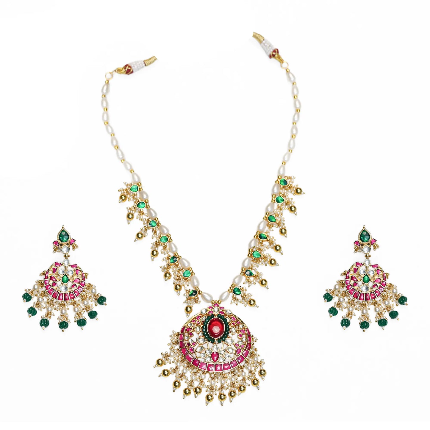 Gold Plated Kundan Pendant Set with Pearl Drop Earrings & Maang Tikka, Indian Wedding Jewelry Set
