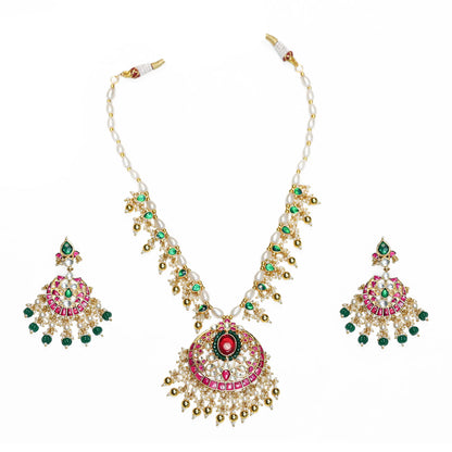 Gold Plated Kundan Pendant Set with Pearl Drop Earrings & Maang Tikka, Indian Wedding Jewelry Set