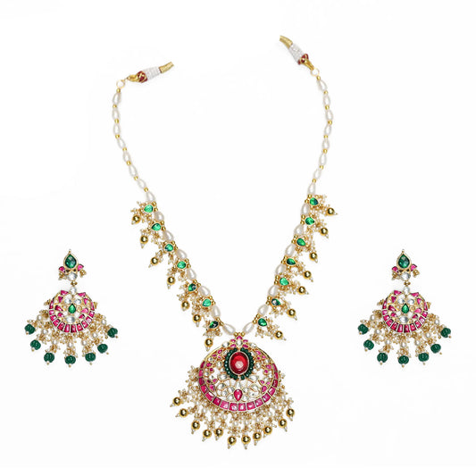 Gold Plated Kundan Pendant Set with Pearl Drop Earrings & Maang Tikka, Indian Wedding Jewelry Set