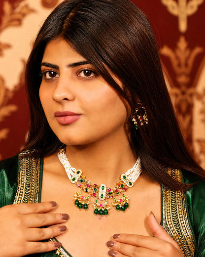 Kundan Pearl Choker Set, Indian Bridal Jewelry, Red Green Ethnic Choker, Traditional Wedding Necklace with Earrings, Navratri Jewelry
