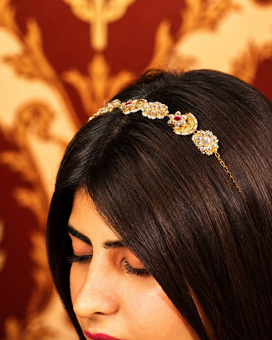 Kundan Pearl Matha Patti, Gold & Red Boho Bridal Headpiece, Indian Wedding Jewelry, Traditional Ethnic Hair Accessory, Handmade Bridal Tiara