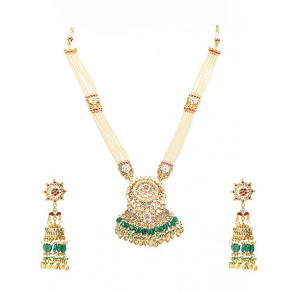 Gold Plated Kundan Pendant Set with Pearl Drop Earrings & Maang Tikka, Indian Wedding Jewelry Set