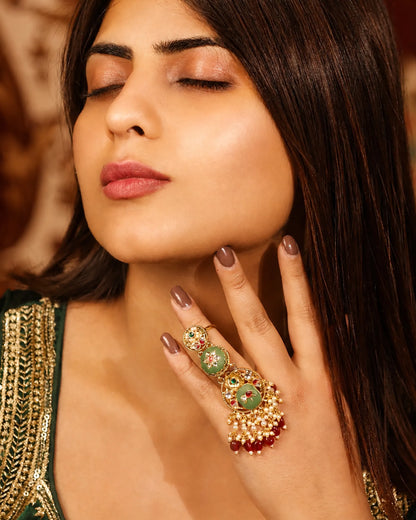 Handmade Gold Plated Kundan Pearl Meenakari Statement Ring, Pink Green Ethnic Bridal Jewelry