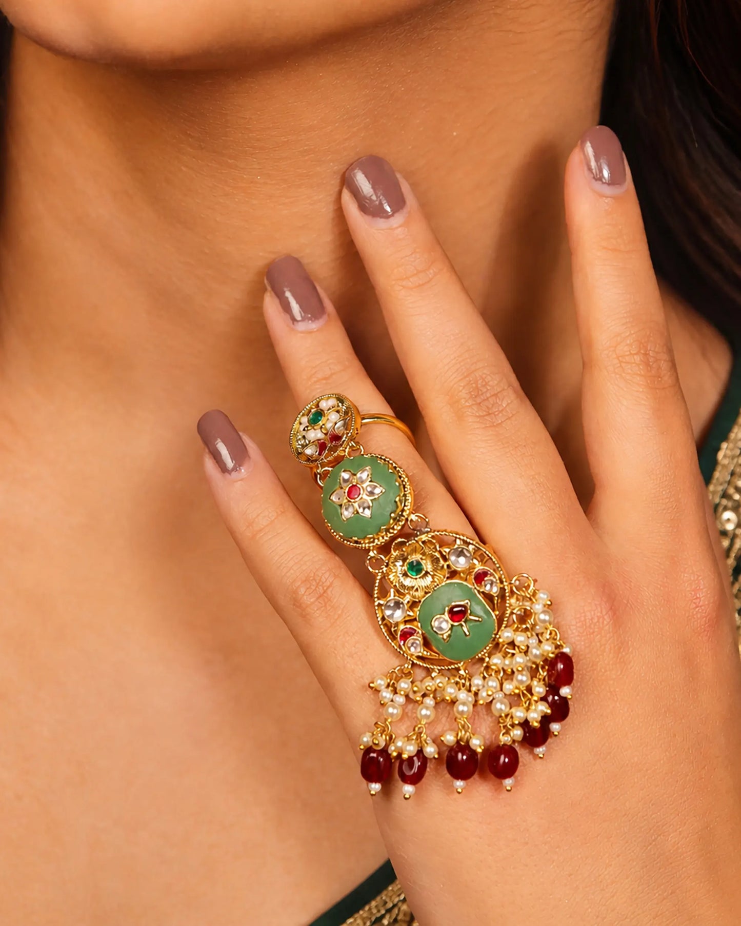 Handmade Gold Plated Kundan Pearl Meenakari Statement Ring, Pink Green Ethnic Bridal Jewelry