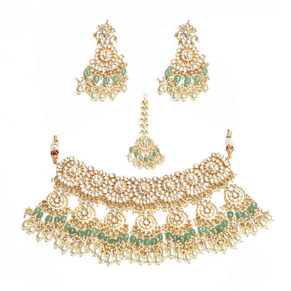 Kundan Choker Set Jewelry with Green Beads, Bridal Necklace Set with Drop Earrings, Indian Wedding Jewelry