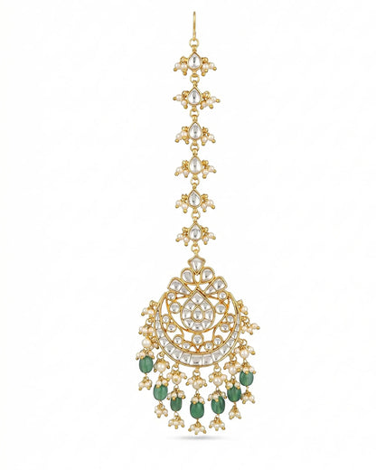 Kundan Maang Tikka, Chand Shape, Polki, Pearl & Green Drops, Jadau Indian Bridal Jewelry
