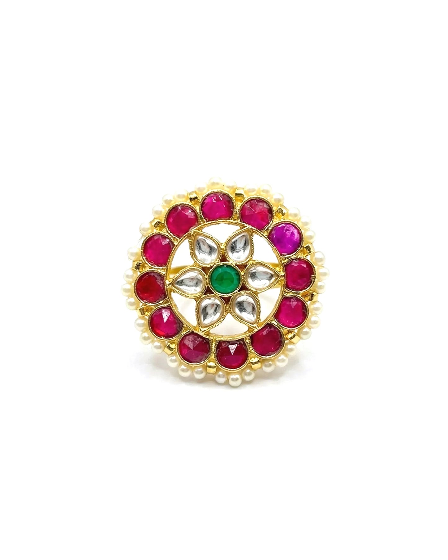 Multicolor Kundan Statement Ring 18k Gold Plated Pink Green Pearl Adjustable Jewelry