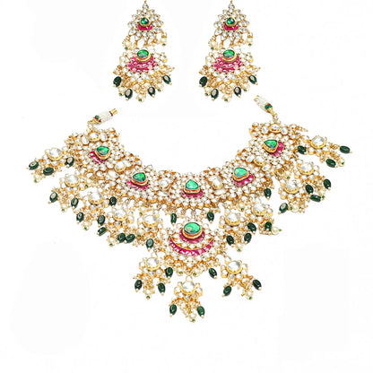 Bridal Kundan Necklace Set, Green Stone Indian Wedding Jewelry, Gold Statement Pink Meenakari Necklace with Earrings Necklace