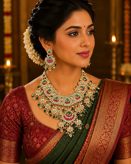 Bridal Kundan Necklace Set, Green Stone Indian Wedding Jewelry, Gold Statement Pink Meenakari Necklace with Earrings Necklace