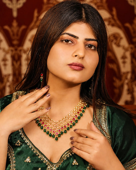 Red Green Kundan Necklace Set, Traditional Indian Bridal Jewelry, Adjustable Thread Necklace, Ethnic Gold Statement Necklace with Earrings