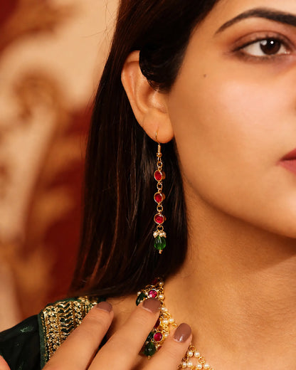 Red Green Kundan Necklace Set, Traditional Indian Bridal Jewelry, Adjustable Thread Necklace, Ethnic Gold Statement Necklace with Earrings