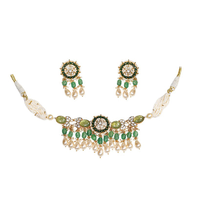 Green Pearl Choker Necklace Set, Polki Kundan Bridal Jewelry, Gold Ethnic Wedding Necklace, Handmade Indian Jewelry Set