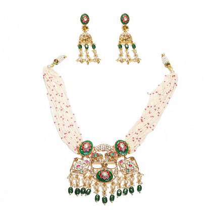 Multi Strand Pearl Choker Necklace Set with Green Kundan Pendant, Indian Bridal Jewelry, Wedding Necklace, Gold Choker with Earrings