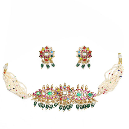 Pearl Polki Beaded Choker Necklace Set, Gold Plated Jewelry, Statement Choker with Earrings, Gift for her