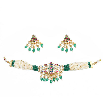 Gold Plated Kundan Choker Set, Green Bead Bridal Necklace, Handmade Indian Wedding Jewelry