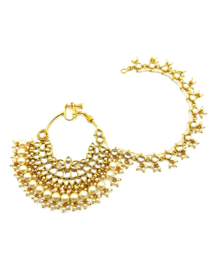 Kundan Pearl Bridal Nath, 18k Gold Plated Wedding Nose Ring with Chain