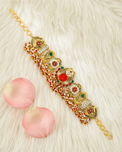 Handcrafted Gold Plated Kundan Bracelet, Red Green Meenakari Bridal Jewelry