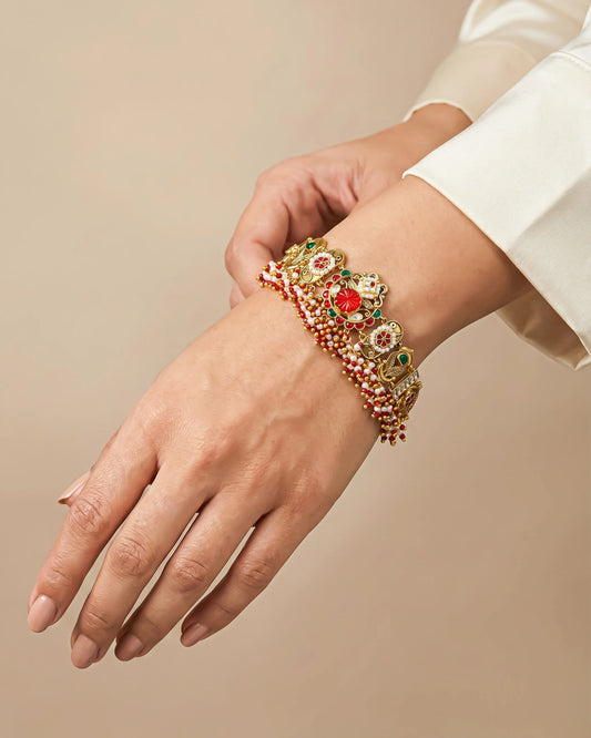 Handcrafted Gold Plated Kundan Bracelet, Red Green Meenakari Bridal Jewelry