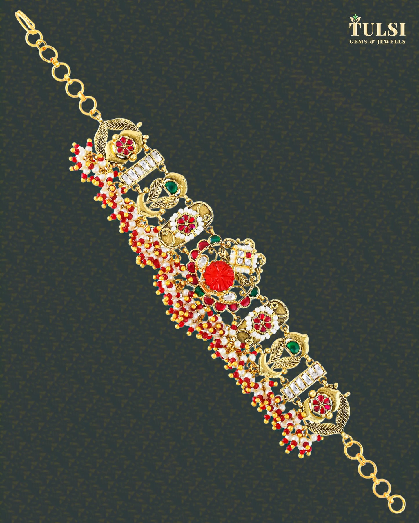 Handcrafted Gold Plated Kundan Bracelet, Red Green Meenakari Bridal Jewelry