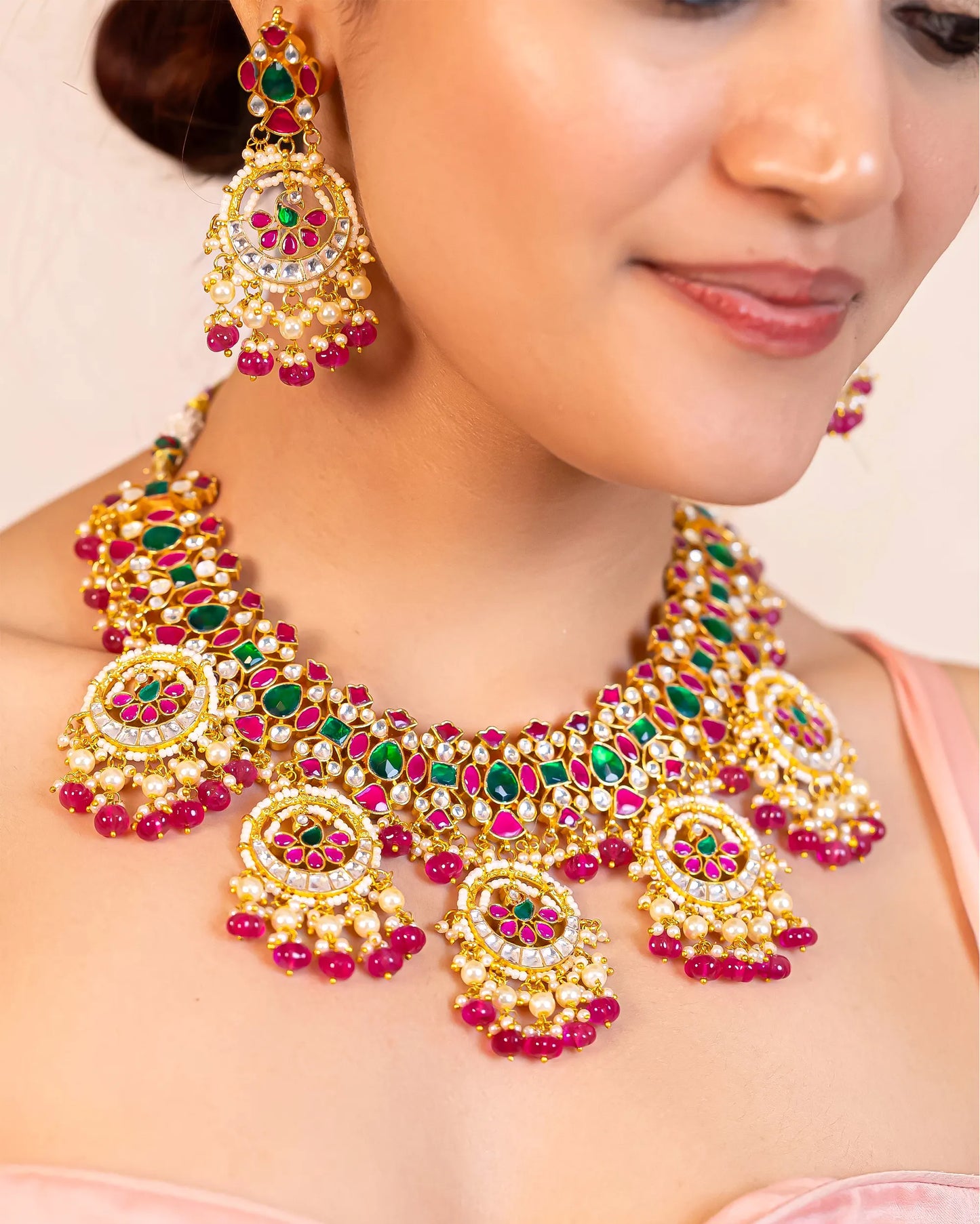 Kundan Choker Set with Pink & Green Stones – Gold Plated Indian Jewelry