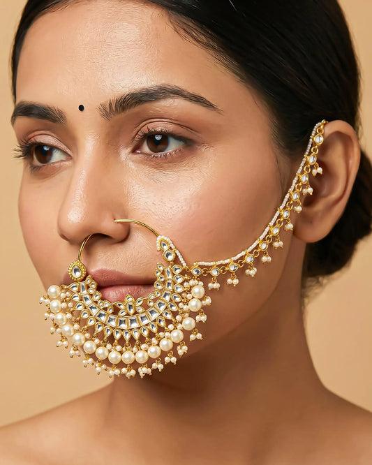 Kundan Pearl Bridal Nath, 18k Gold Plated Wedding Nose Ring with Chain