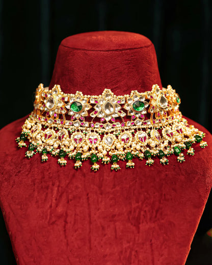 Designer Sparkling Kundan Choker Set – Green Bead Necklace with Floral Earrings