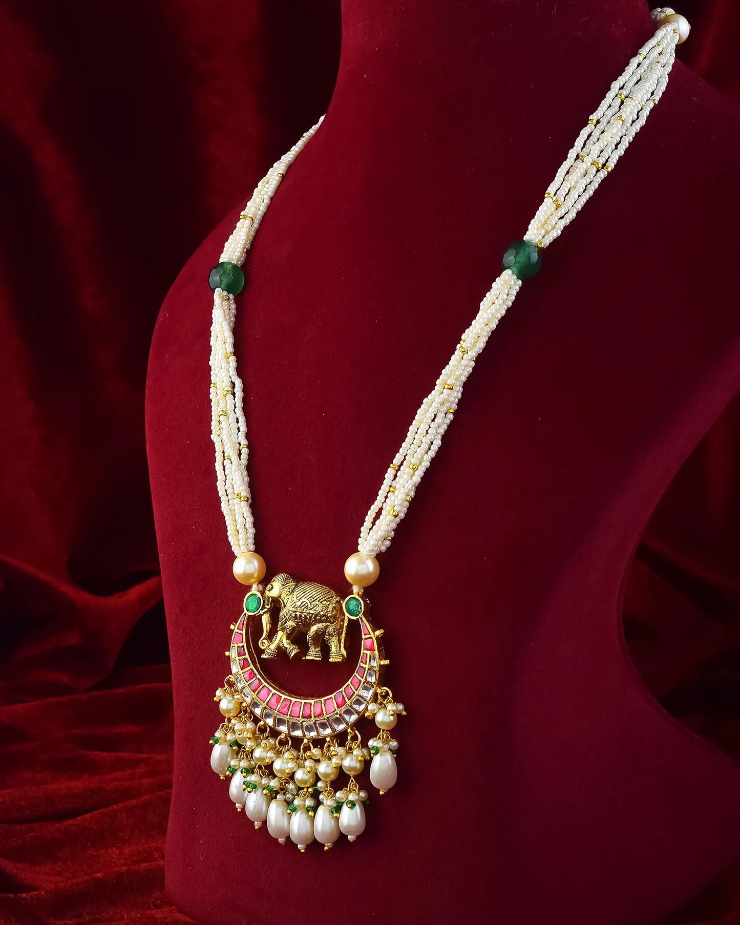 Elephant Kundan Necklace Set with Multi-Strand Pearls Royal Bridal Jewelry