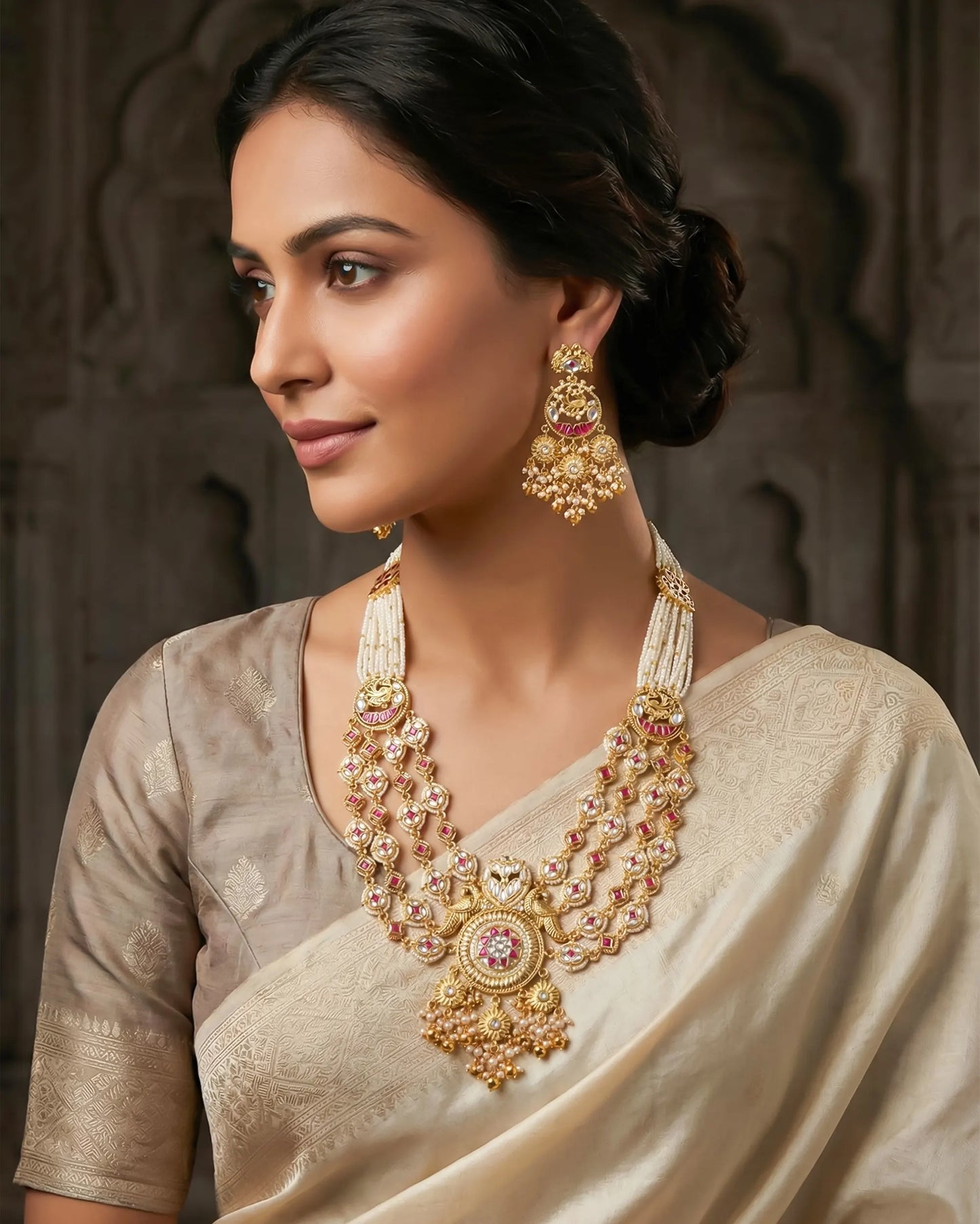 Multi-Layer Pearl Kundan Necklace Set – Gold Plated Ethnic Bridal Jewelry
