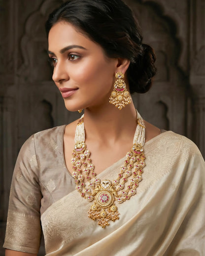 Multi-Layer Pearl Kundan Necklace Set – Gold Plated Ethnic Bridal Jewelry