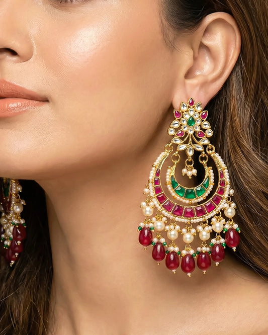 Handmade Gold Plated Chandbali Earrings, Mother of Pearl Jadau Style Jewelry