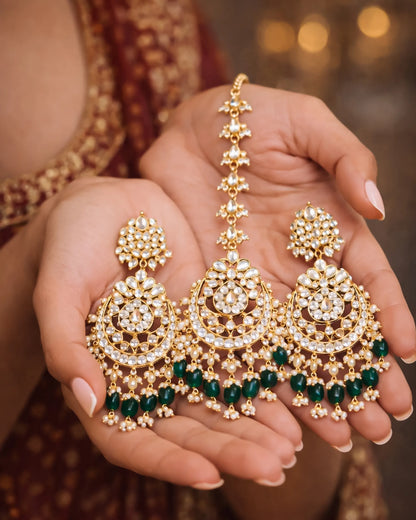 Classic Handmade White Kundan Pearl Maang Tikka & Earrings Set with Green Beads Jewelry