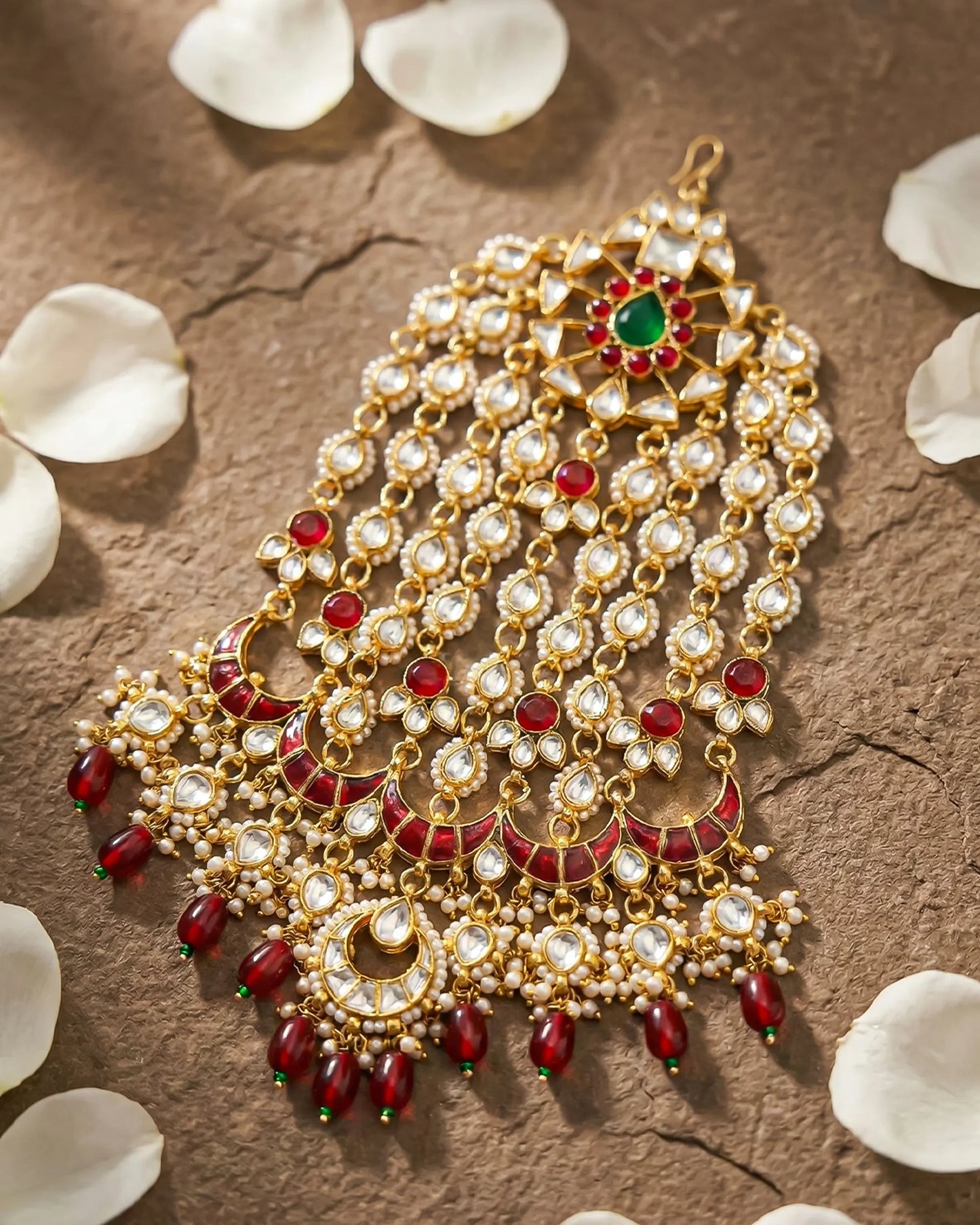 Handmade Kundan Pasa Jhoomar – Gold Plated Bridal Headpiece with Red Pearls
