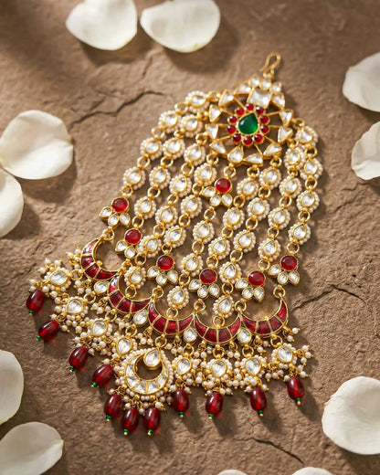 Handmade Kundan Pasa Jhoomar – Gold Plated Bridal Headpiece with Red Pearls