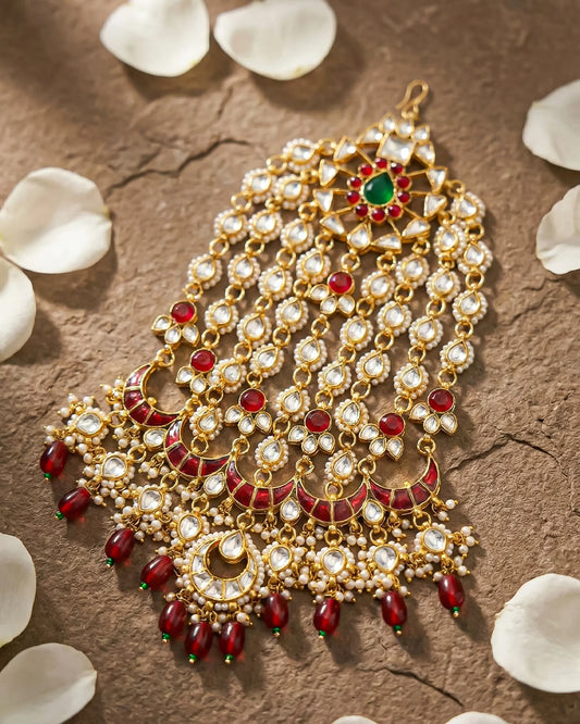 Handmade Kundan Pasa Jhoomar – Gold Plated Bridal Headpiece with Red Pearls
