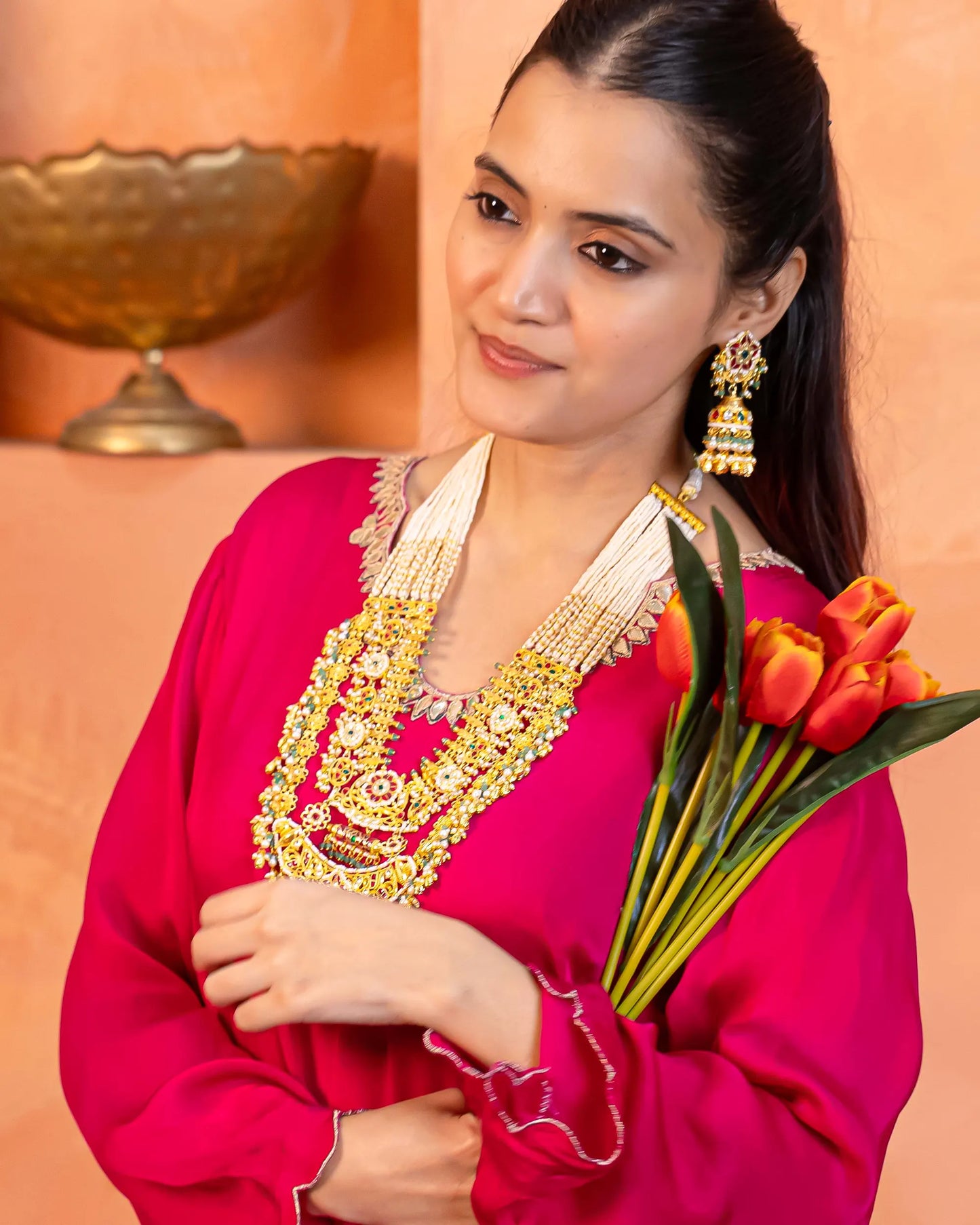 Royal Layered Kundan Pearl Choker Set, Heavy Bridal Wedding Necklace with Long Earrings