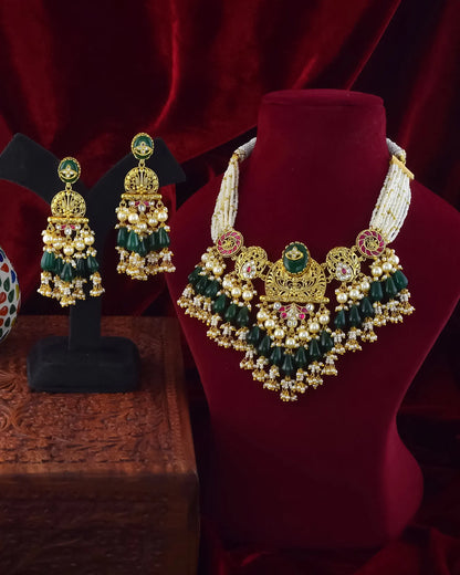 Traditional Kundan Choker Necklace with Green Beads & Pearl Layers Jewelry