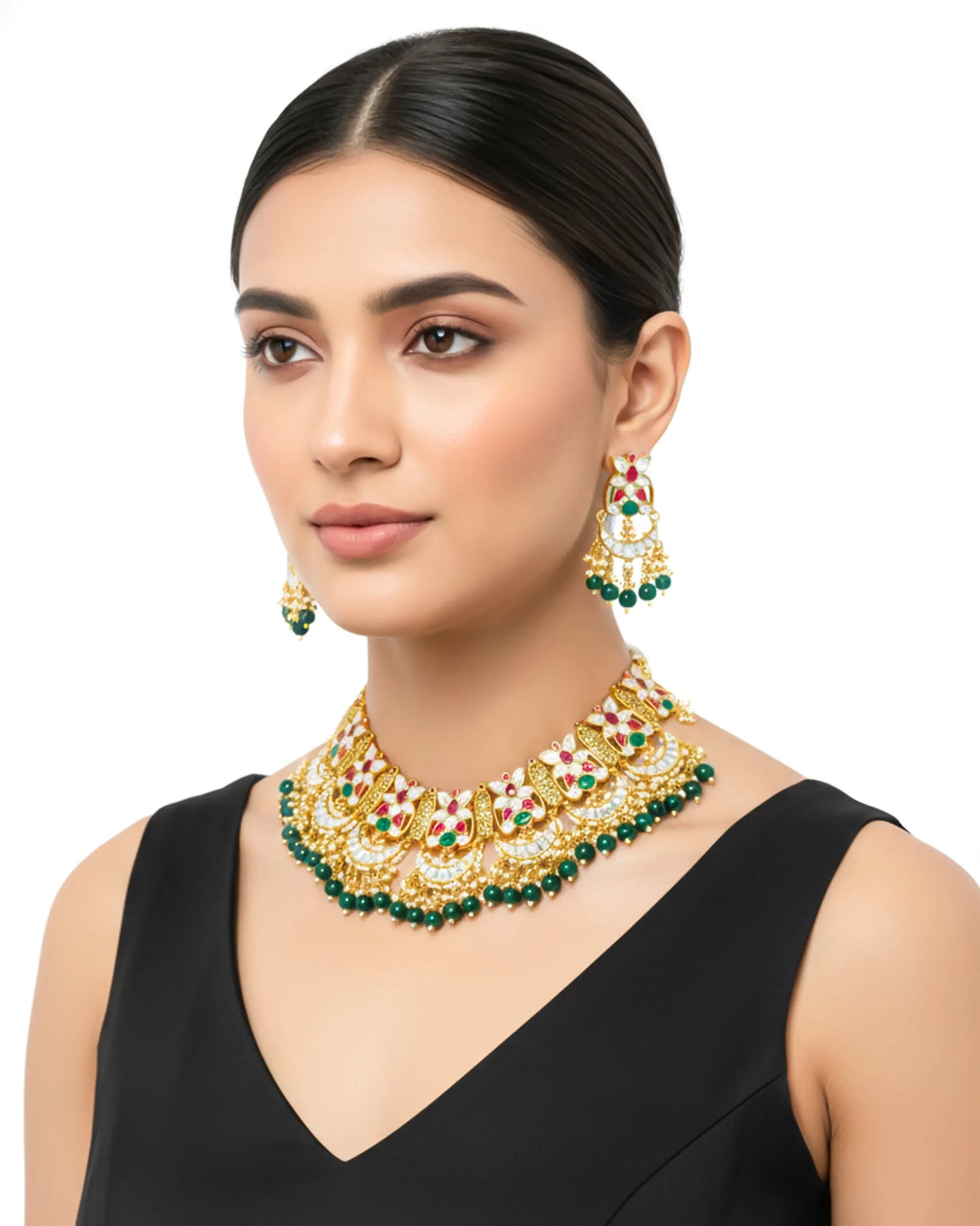 Indian Kundan Pearl Necklace Earrings Set, Green Gold Bridal Jewelry