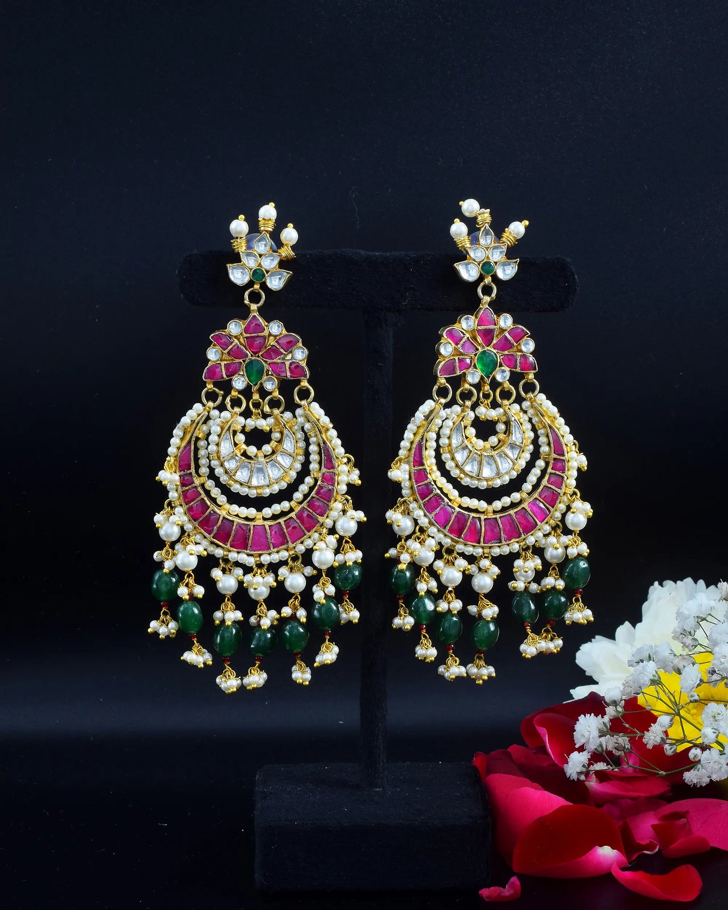 Gold Plated Jadau Chandbali Earrings with Pearl and Stone Drops