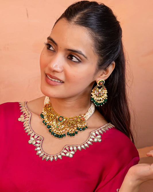 Kundan Pearl Choker Set, Multicolor Stone Necklace & Earrings, Indian Bridal Wedding Jewelry