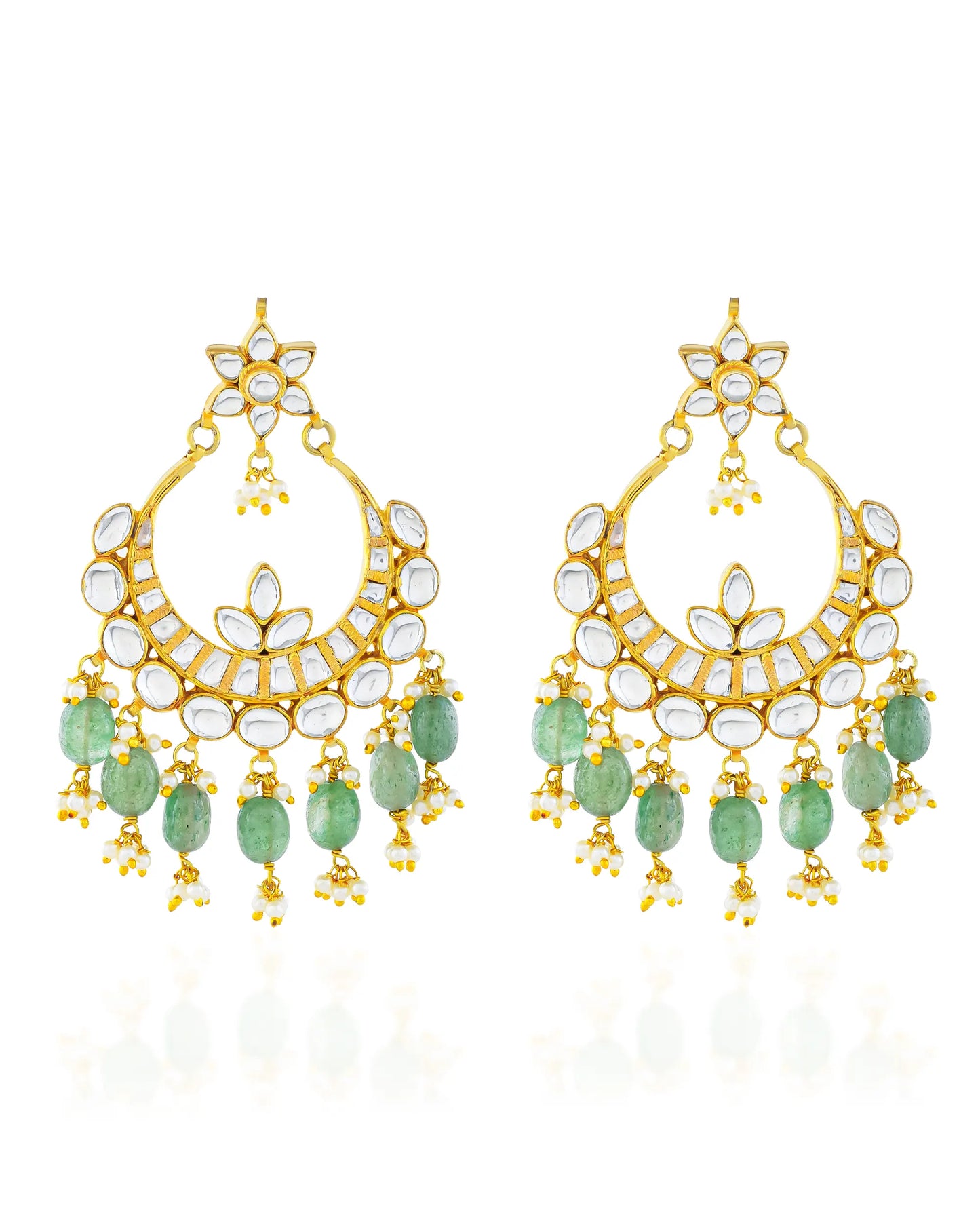 Bridal Jadau Chandbali Earrings with Pearls Green Beads