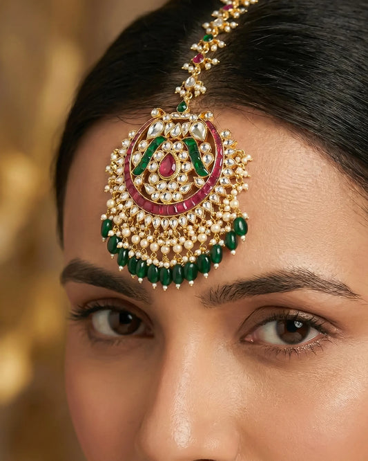 Bridal Kundan Maang Tikka, Pearl Forehead Jewelry, Indian Wedding Traditional Headpiece