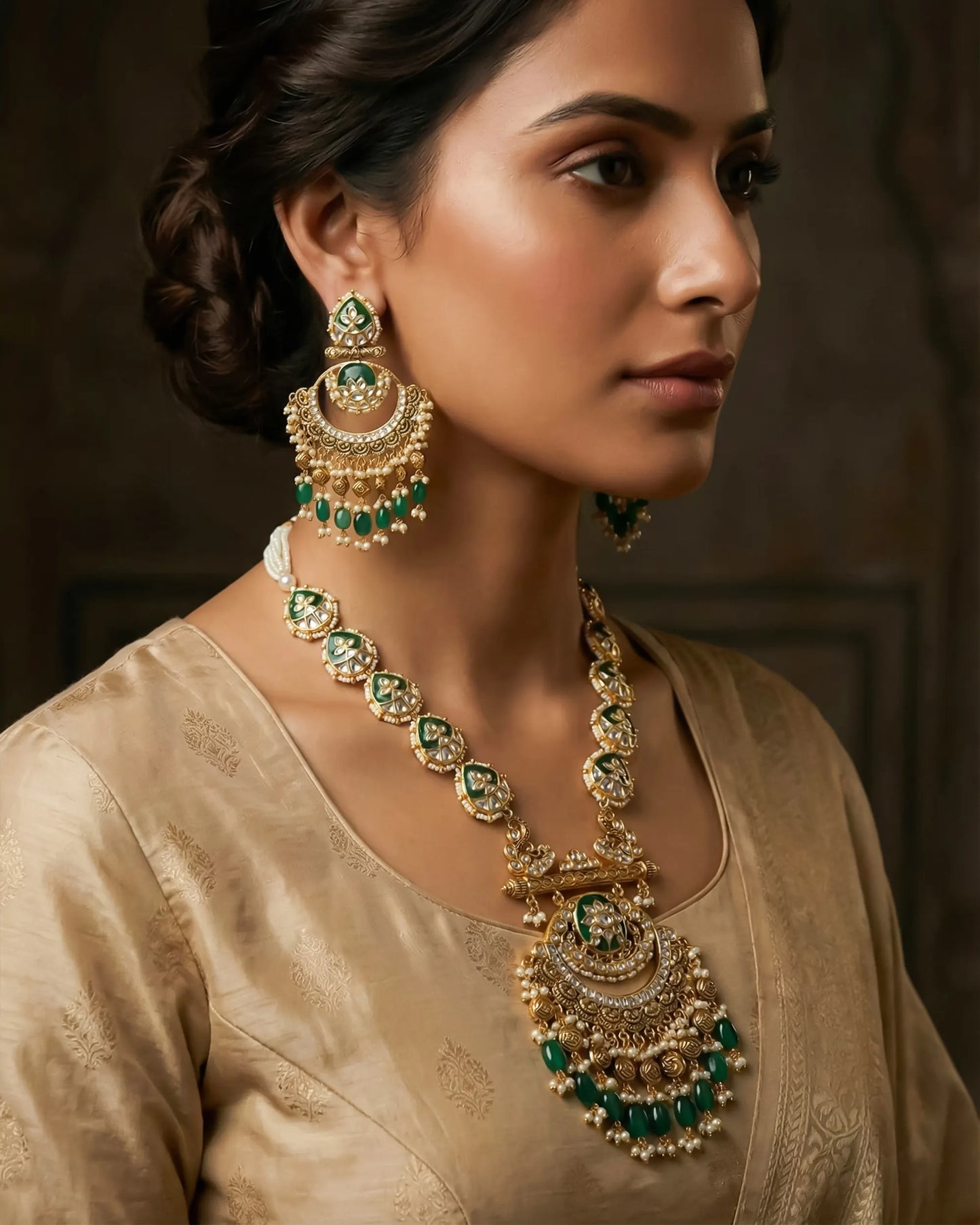 Handmade Kundan Bridal Necklace Set, Green Pearl Gold Statement Wedding Jewelry