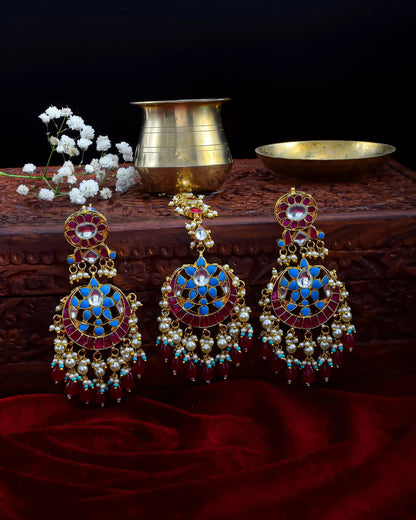 Gold-Plated Kundan Chandbali Earrings with Maang Tikka, Pearl Drop Indian Jewelry
