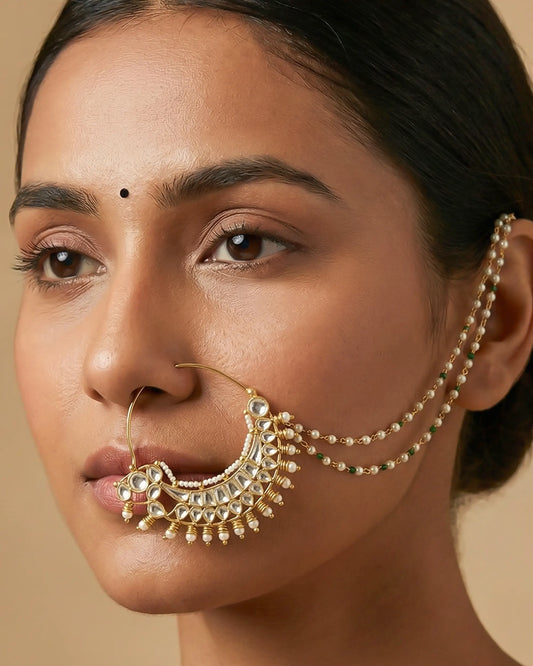 Kundan Pearl Bridal Nath – Gold Plated Crescent Nose Ring with Double Beaded Chain