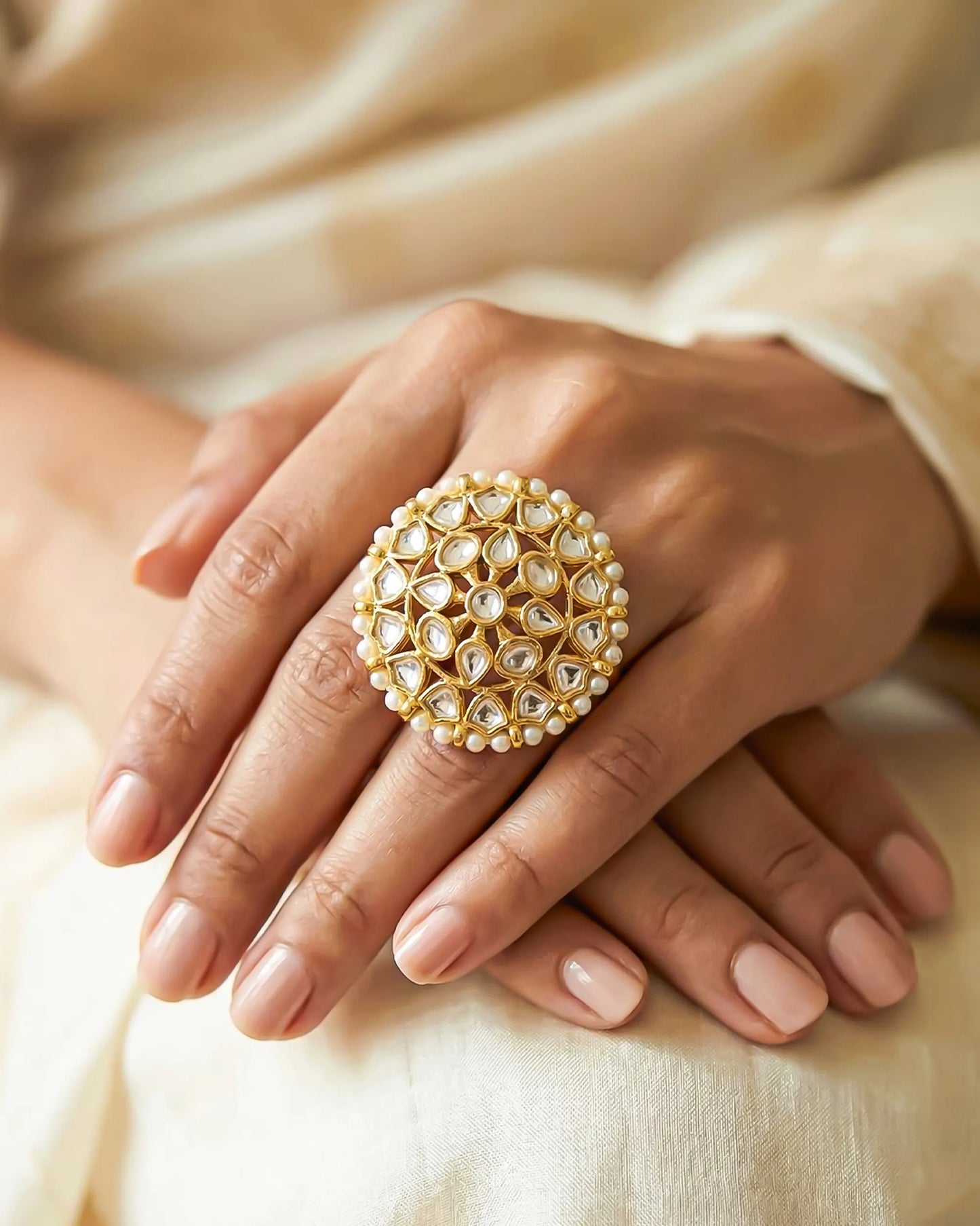 18k Gold Plated Kundan Statement Ring Pearl Floral Adjustable Cocktail Ring Jewelry
