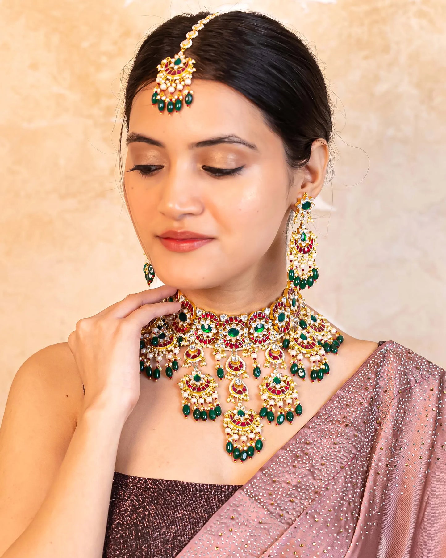 Kundan Choker Set, Green Bead Indian Bridal Handicrafts Fashion Jewelry
